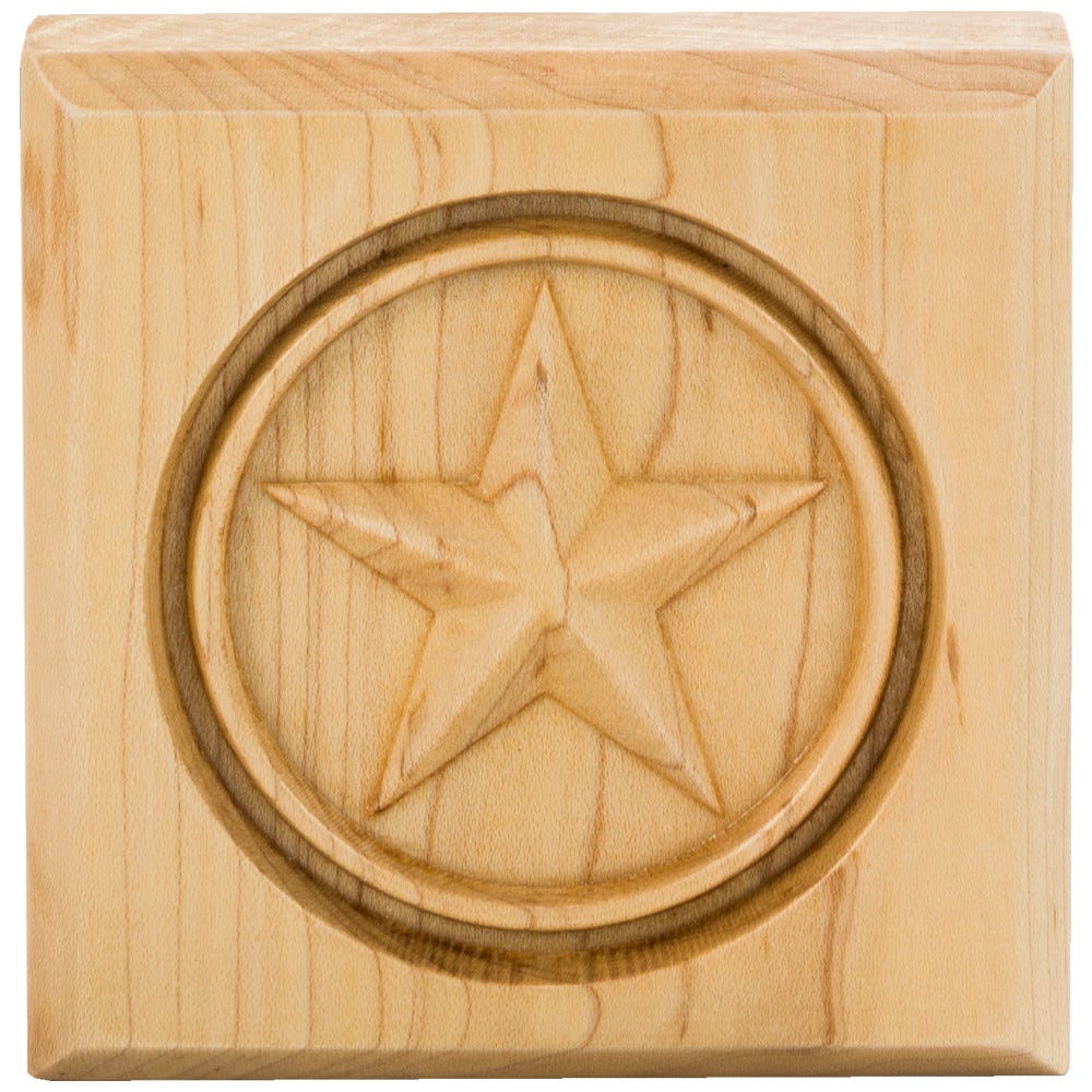 4" x 4" Star Rosette in White Birch, carved wood accent for elegant home decor