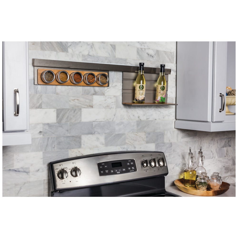 Single Hanging Shelf for Smart Rail in brushed aluminum finish with bamboo accent, 13-3/4" x 4-1/2" x 8"