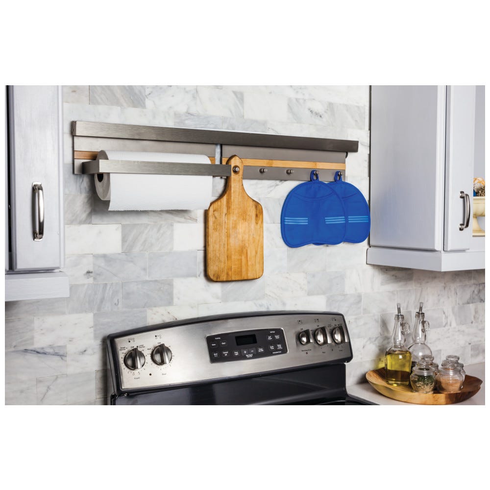 Hanging Paper Towel Holder in brushed aluminum with bamboo accent, 15-3/4" x 5-3/16" x 4"