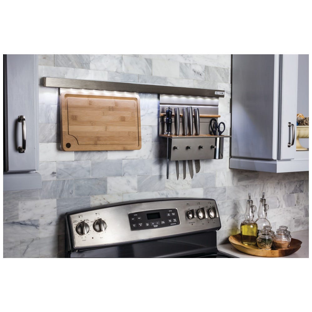 LED Hang Rail for Smart Rail Storage Solution in sleek finish, designed for kitchen organization, motion activated lighting, rechargeable battery powered