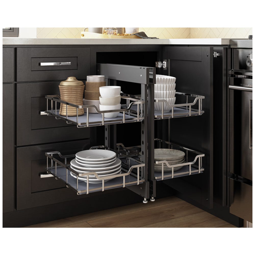 Storage With Style® Blind Corner Organizer in polished chrome finish for full height 15" opening, featuring adjustable metal baskets