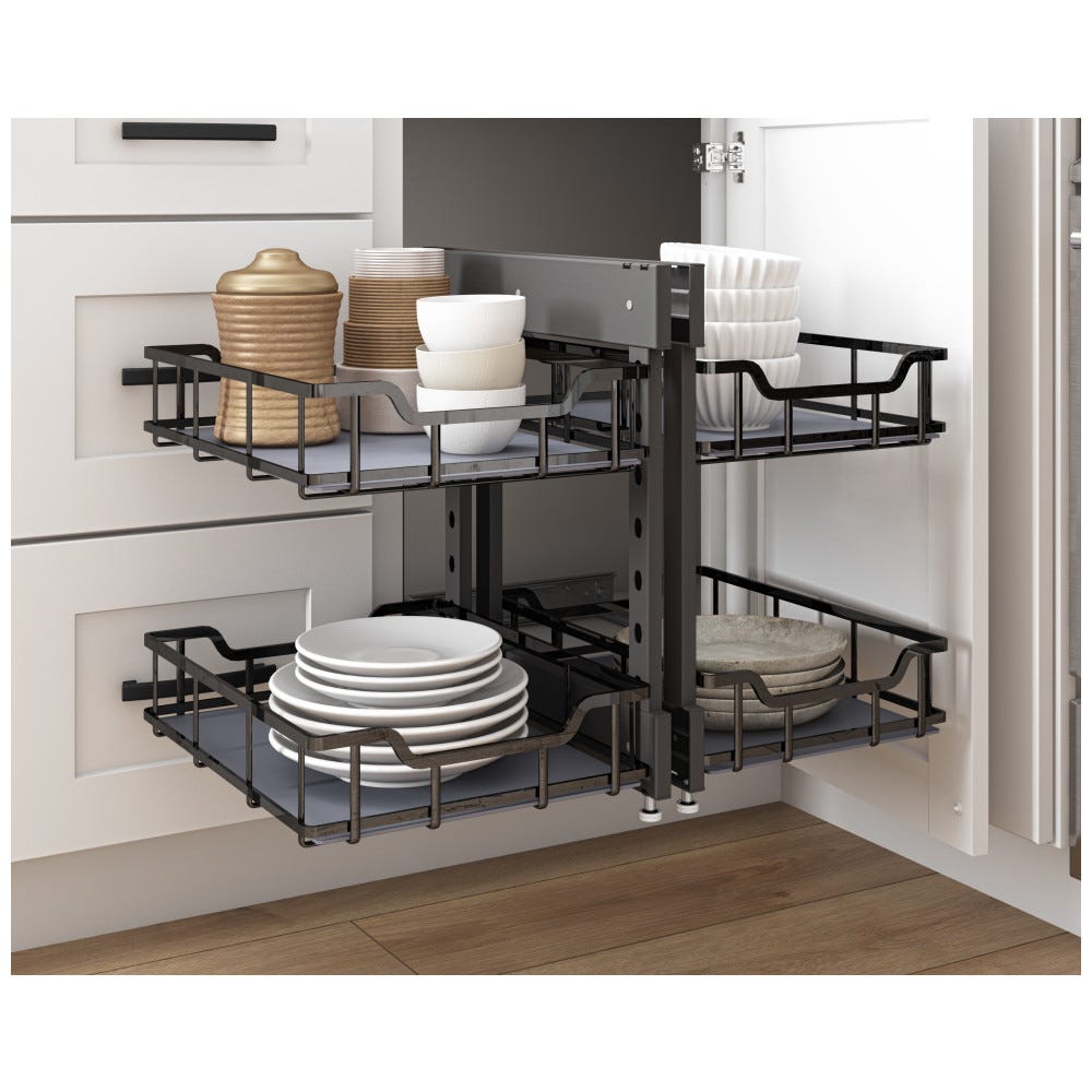 Storage With Style® Blind Corner Organizer in polished chrome finish for standard height 15" openings, featuring adjustable metal baskets.