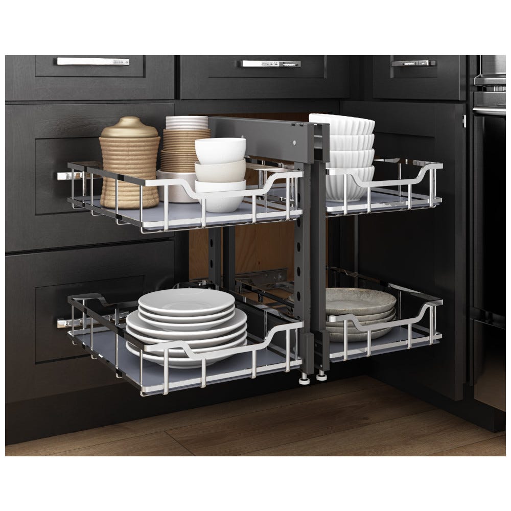 Storage With Style® Blind Corner Organizer in polished chrome finish, designed for 18 inch cabinet opening, featuring adjustable metal baskets.