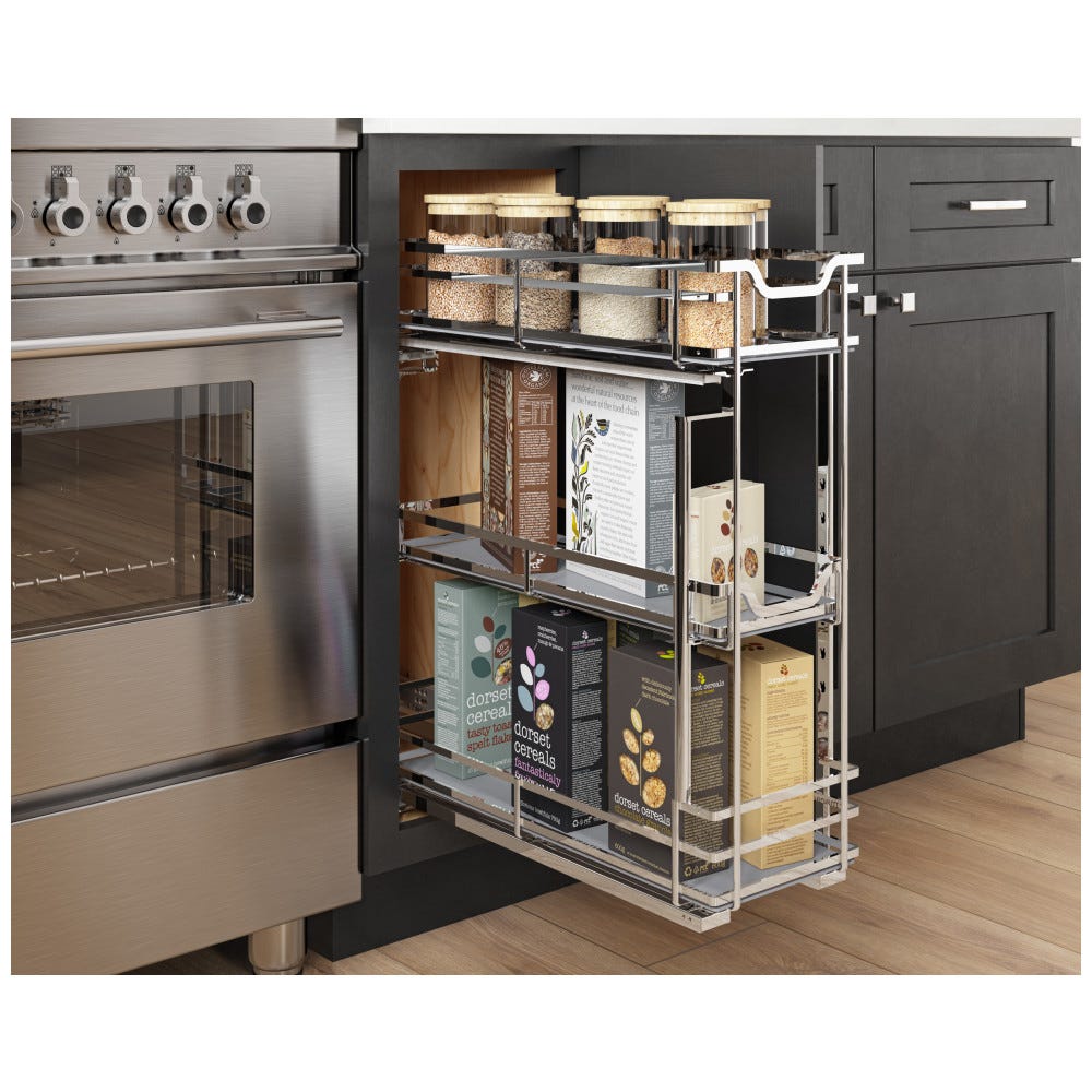 8" Wire Base Pullout Polished Chrome Finish organizer, designed for efficient storage solutions in kitchens.