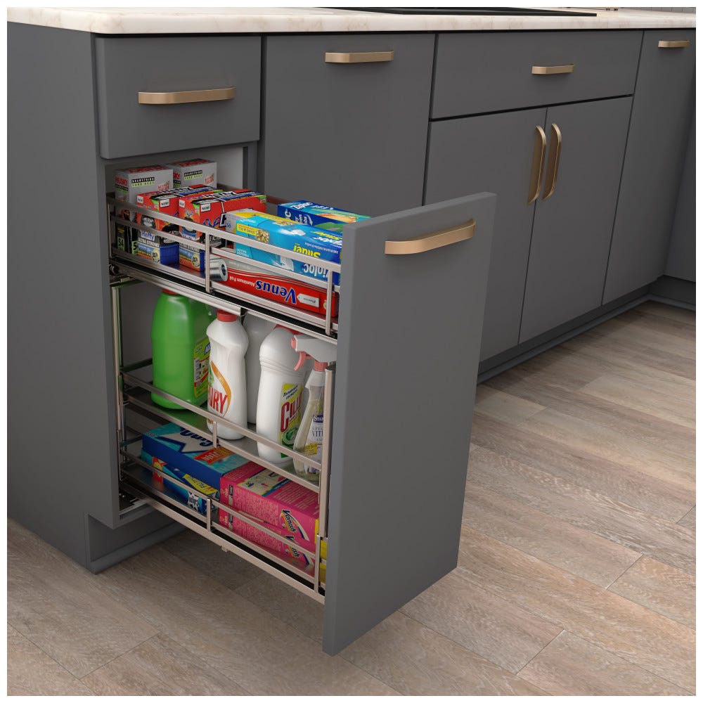 Storage With Style® 5" Wire Drawer Base Pullout in polished chrome finish, sleek wire design for kitchen organization
