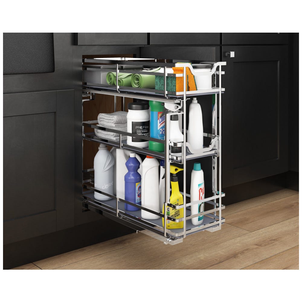Storage With Style® 8" Wire Drawer Base Pullout in polished chrome finish, kitchen organizer, sleek and modern design