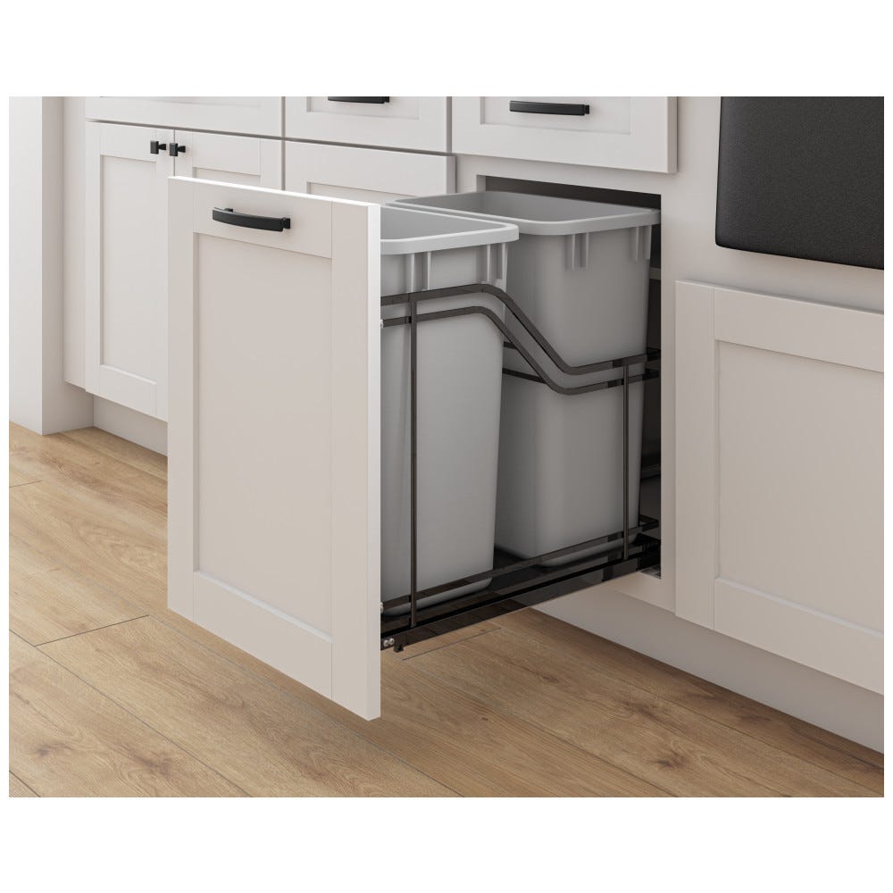 Metal Double Trashcan Black Nickel with Grey Cans, stylish kitchen organizer in modern finish