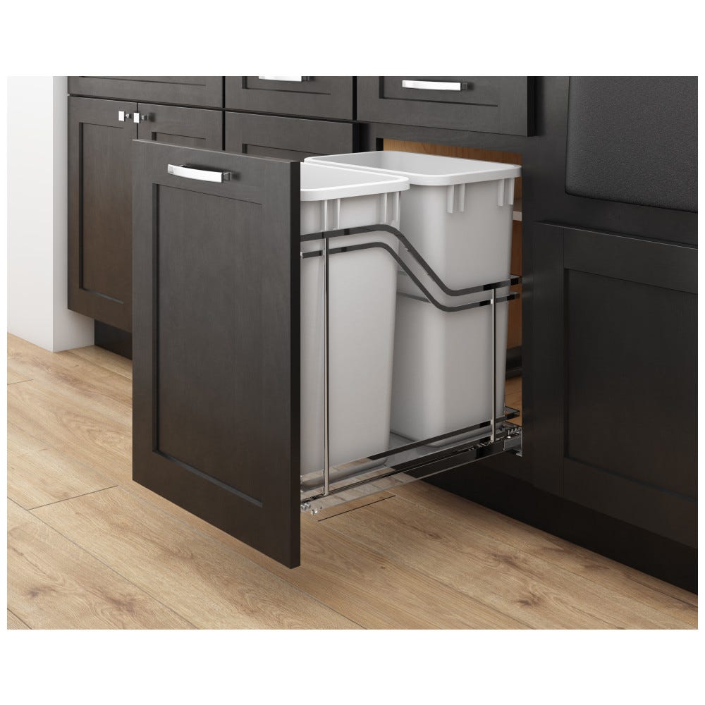 Metal Double Trashcan Polished Chrome with Grey Cans, features premium soft-close slides and adjustable door mounting brackets