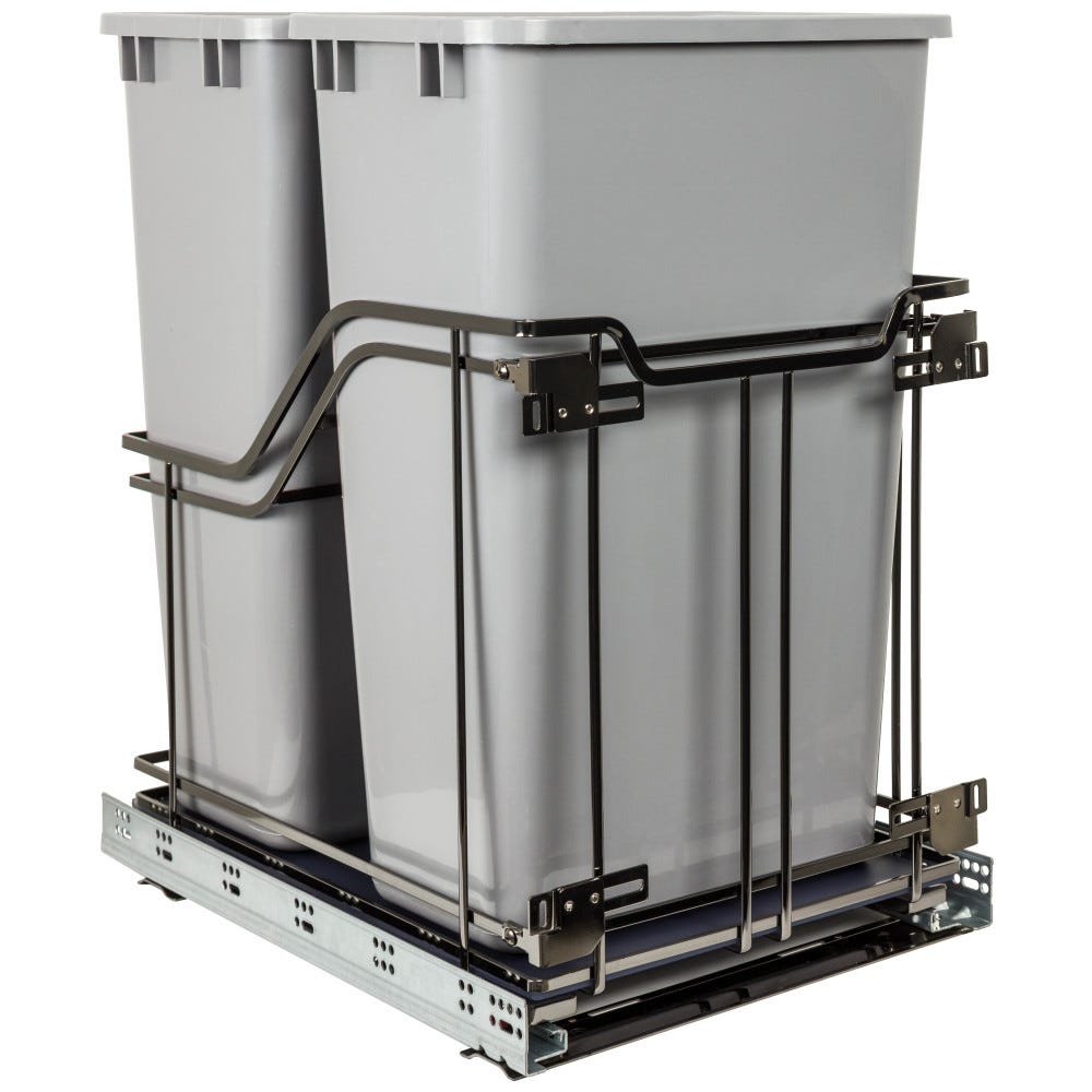 Storage With Style® Double Trashcan Black Nickel with 50 qt Gray Cans, modern waste organizer, sleek design, durable material