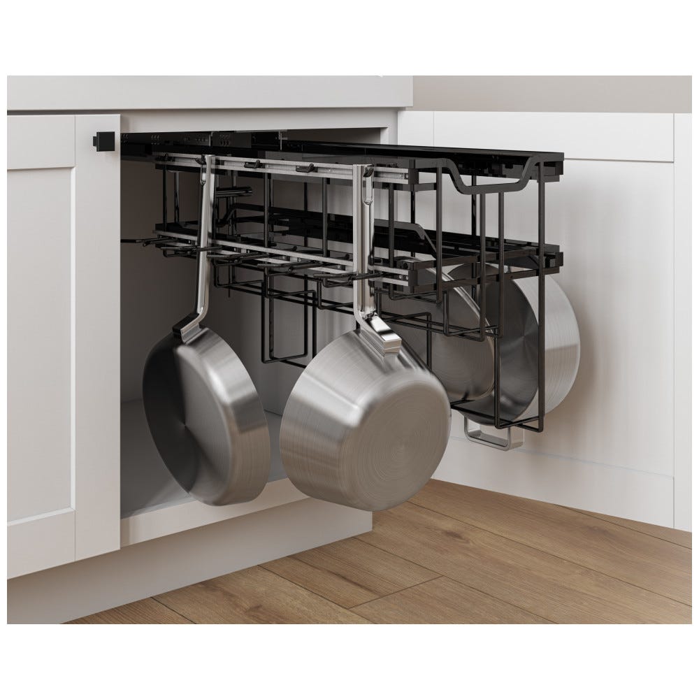 Hanging Pan Organizer with Lid Storage in Black Nickel Finish, durable metal construction, stylish and functional kitchen storage solution.
