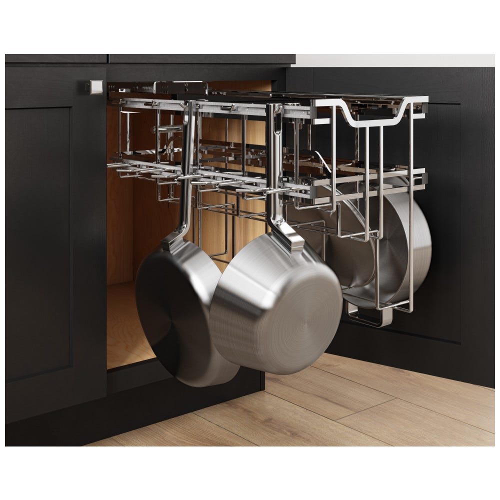 Hanging Pan Organizer with Lid Storage in polished chrome finish, designed for efficient kitchen organization