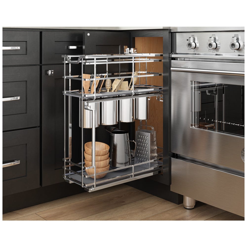 Storage With Style® 8" Utensil Pullout in polished chrome finish, perfect for kitchen organization