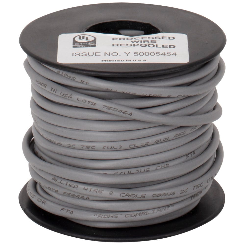 20 AWG Solid Grey Jacket Wire 50 Ft Spool - durable electrical wire for light and power applications
