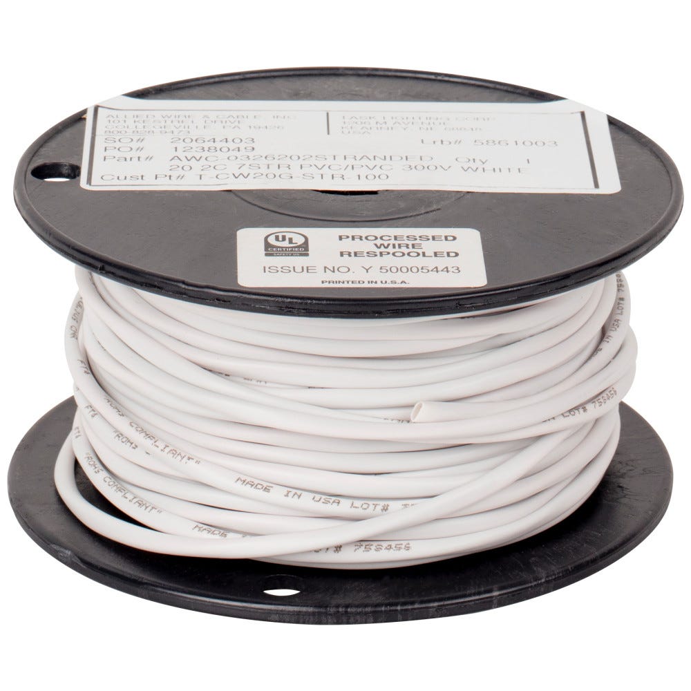 20 AWG stranded wire in white jacket, 100 feet length, ideal for lighting projects, durable and UL listed