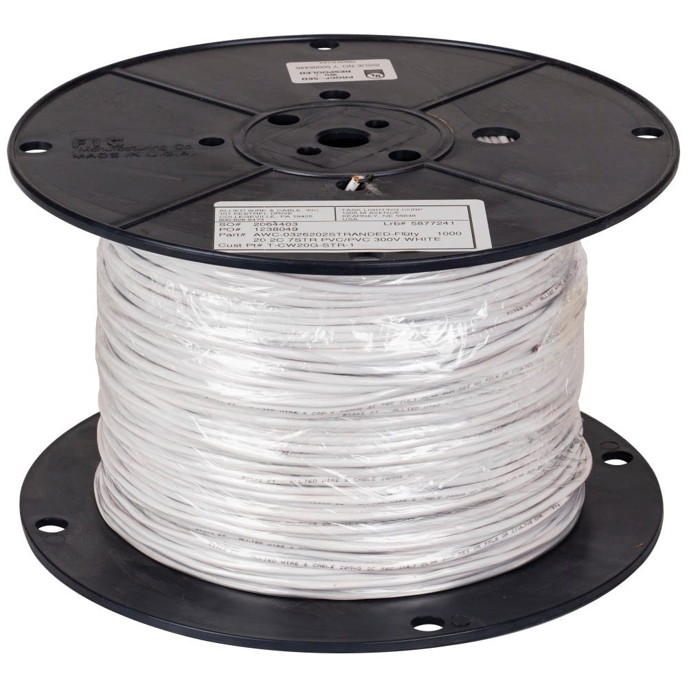 Wire-20 AWG Stranded Cable in White Jacket, 1000 Feet, UL Listed, suitable for light and power applications