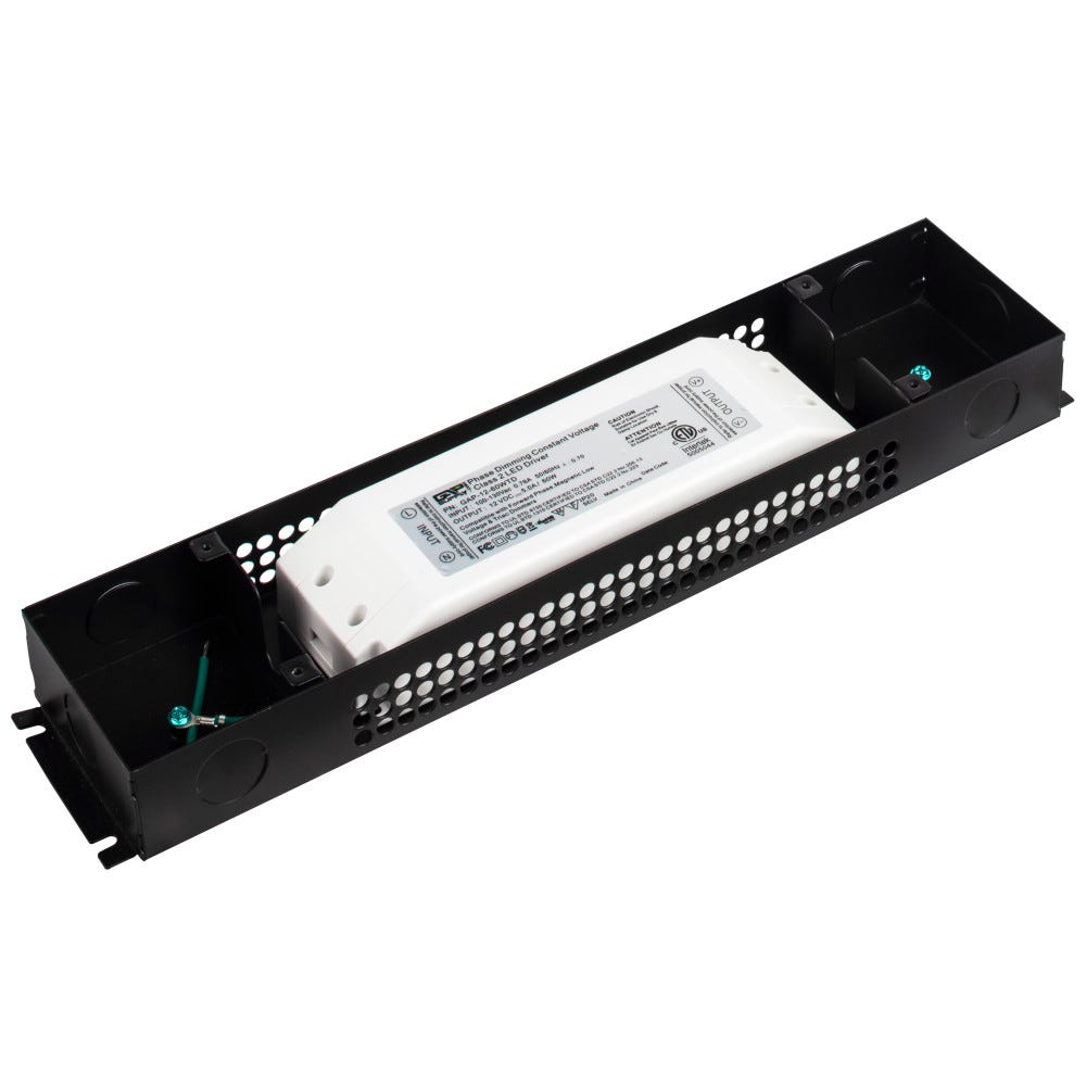 Hardwired Dimmable Power Supply, 60 Watt, 12V DC, sleek black finish, durable material