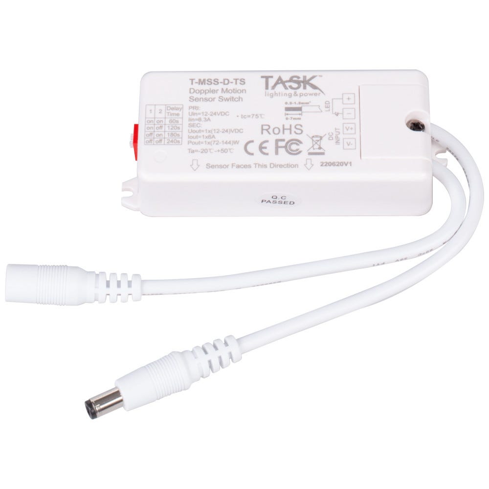 Doppler Motion Sensor Switch in sleek design, available in 12v/72 watt or 24v/144 watt configurations, perfect for efficient lighting control.