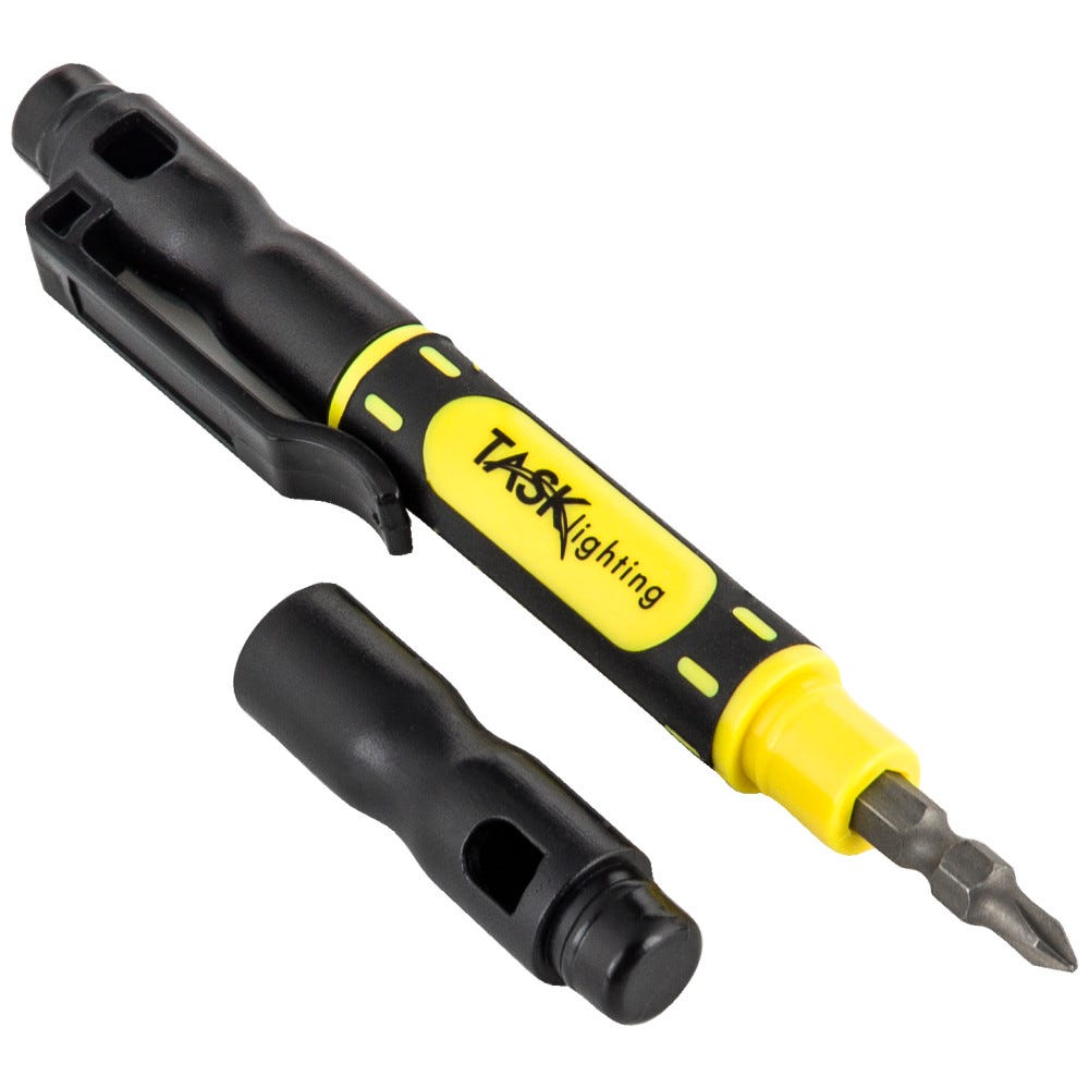 Task Lighting Screwdriver, pen style with yellow and black finish, featuring Phillips and flat heads in two sizes, made by Hardware Resources.