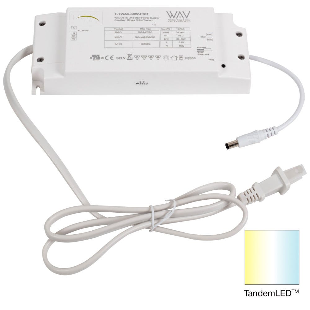 12V Wav All-In-One 60W Power Supply/Receiver in single-white finish, designed for tunable-white lighting solutions