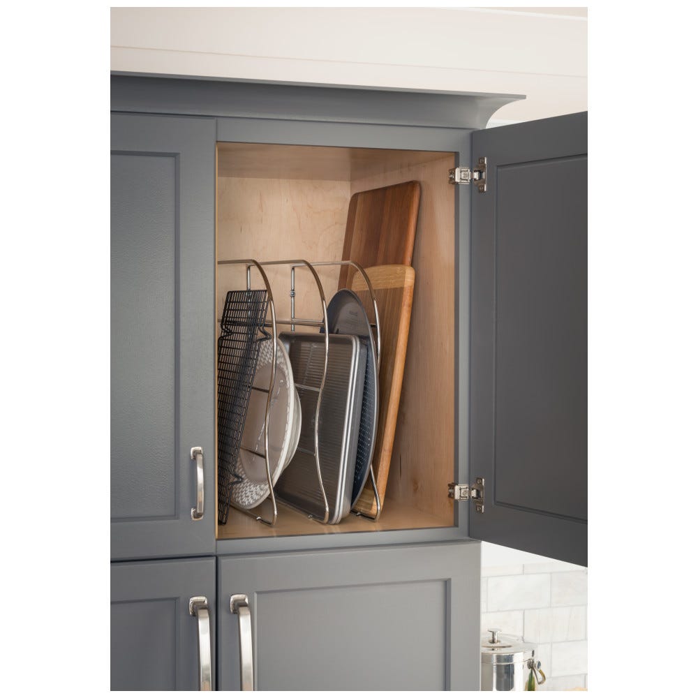 12" Tall Bakeware Organizer in chrome finish, designed for trays and cookie sheets, durable and space-saving kitchen organizer