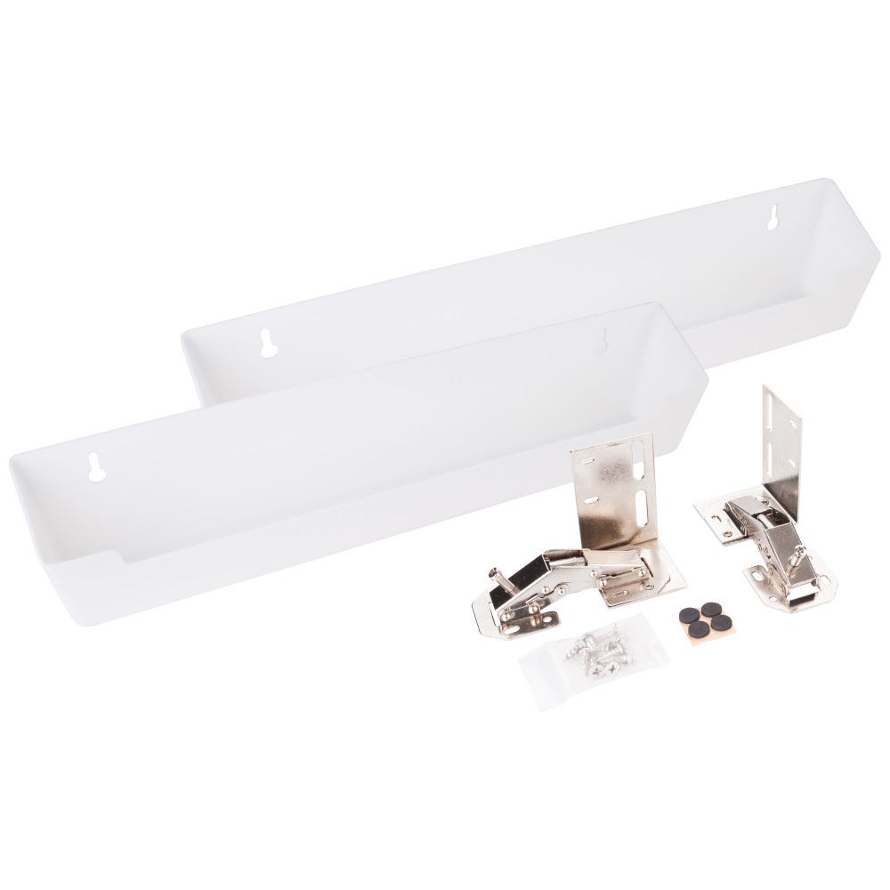 14-13/16" Wide Sink Tipout Tray Pack in white plastic, 2" deep x 3" tall, includes two trays and hinges