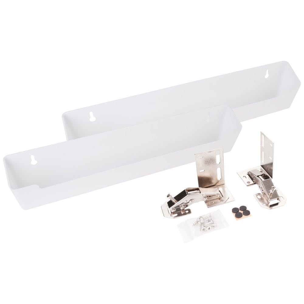 14-13/16" Wide Sink Tipout Tray Pack in White Plastic, 1-9/16" Deep x 3" Tall, sold per pair with hinges and screws included.