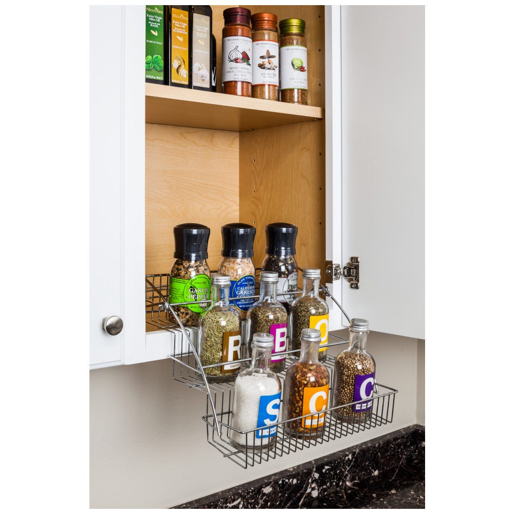3-Tier Spice Rack Pulldown in a sleek finish, perfect for organizing spices in kitchen cabinets, made of durable materials.