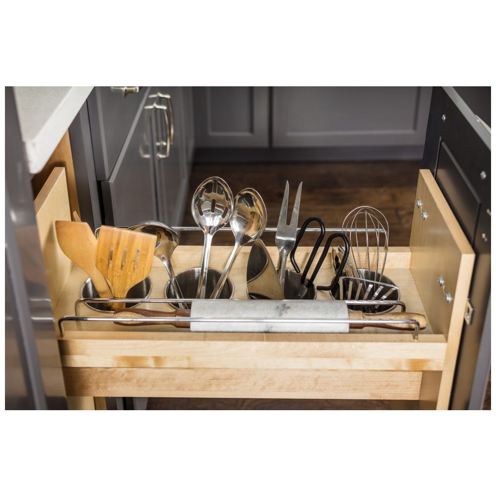 No Wiggle 8" Utensil Bin Base Cabinet Pullout in White Birch with UV finish, designed for seamless kitchen organization.