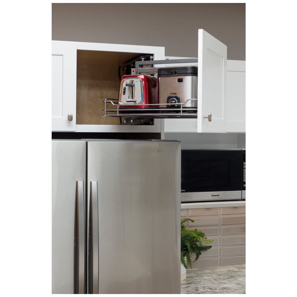 Universal Overhead Swingout organizer for 15 inch openings, sleek finish, perfect for kitchen storage solutions