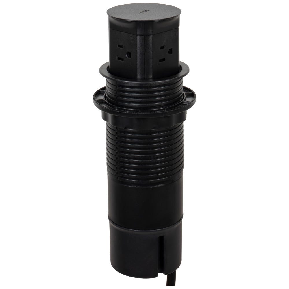 Pop Up Power Standard Series 15 Amp Receptacle in Black plastic housing, 4 outlets, modern design