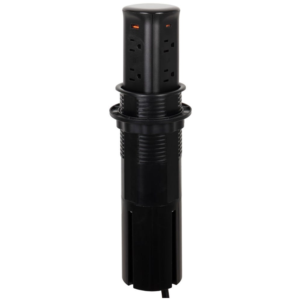 Pop Up Power Standard Series in black plastic housing with 8 receptacles and 4 USB ports