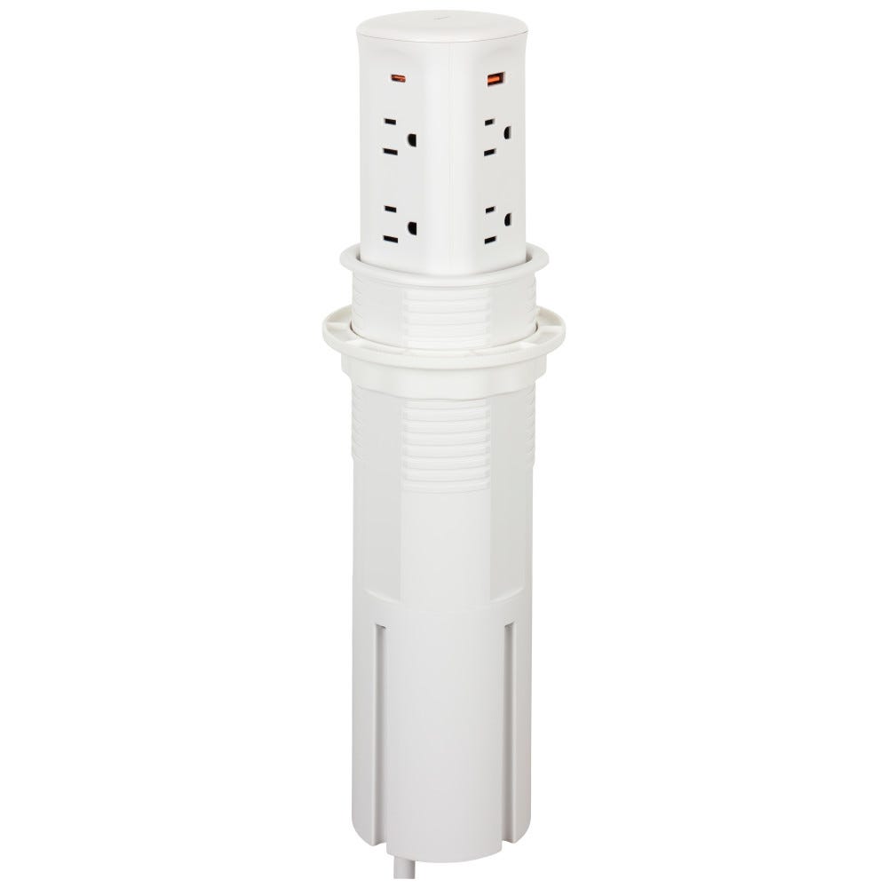 Pop Up Power Standard Series in white plastic housing with 8 receptacles and 4 USB ports
