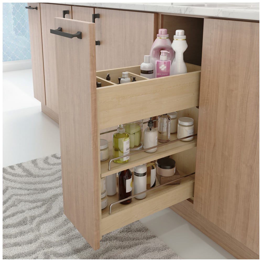 No Wiggle 8" Vanity Cabinet Pullout in white finish, premium soft-close slides, heavy-duty design for bathroom storage