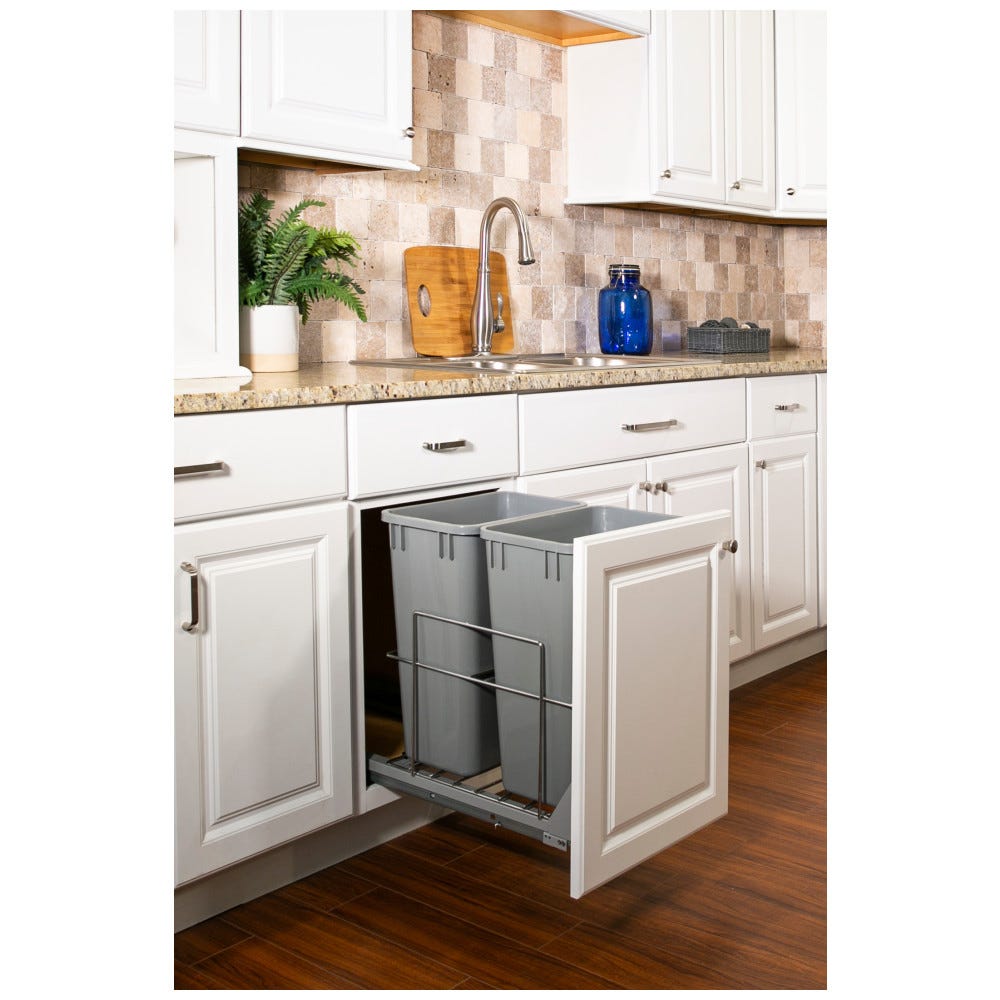 Double Wire 35qt Trashcan Pullout with Soft-Close Slides in silver finish, designed for 14.5" or 15" cabinet openings, durable metal construction.