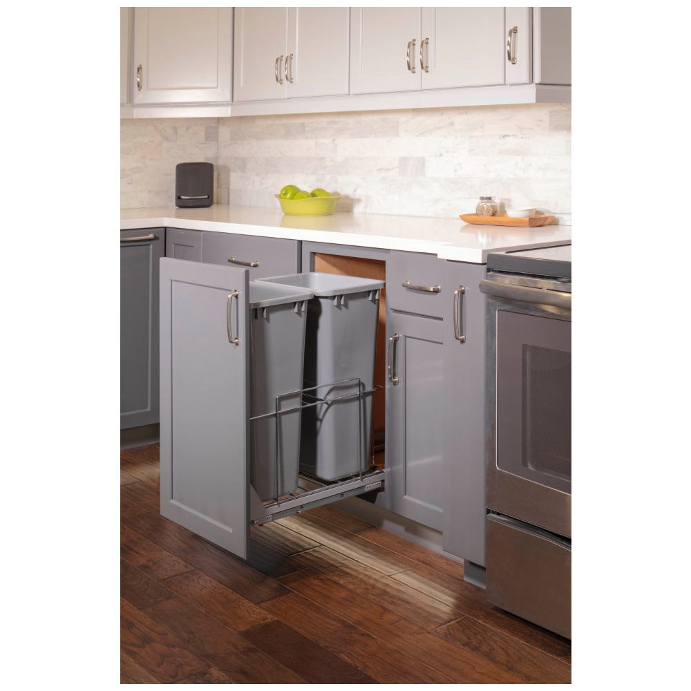 Double Wire 50qt Trashcan Pullout in chrome finish, designed for 15" openings, made from durable metal