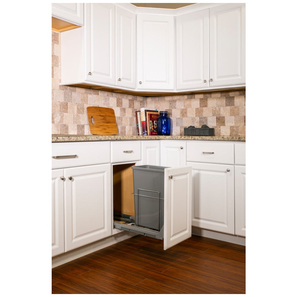 Single Wire 35qt Trashcan Pullout with Soft-Close Slides in silver finish, designed for 11.5" or 12" openings, made of sturdy metal.