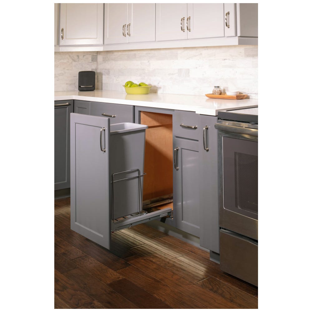 Single Wire 50qt Trashcan Pullout with Soft-Close Slides in silver finish, designed for 11.5" or 12" openings, made by Hardware Resources