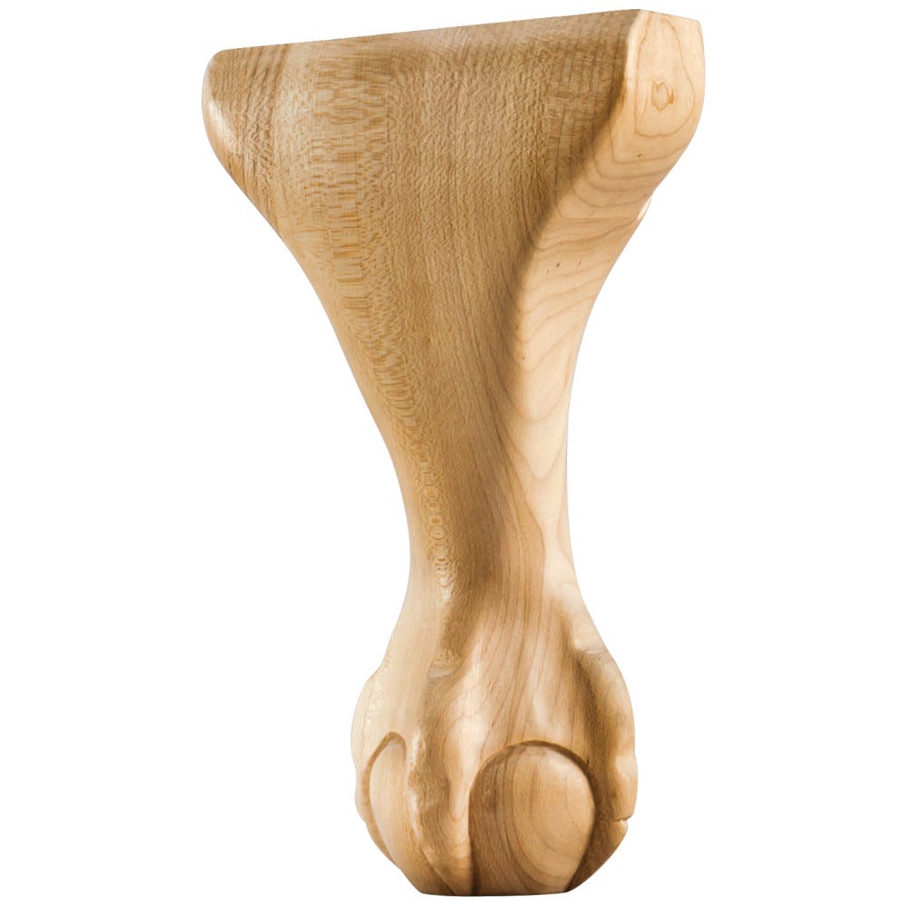 8" Center Ball & Claw Leg in Rubberwood, Oak, or Maple finish, carved wood furniture leg